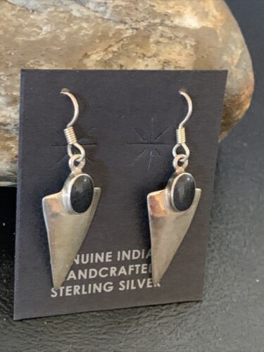 Navajo Black Onyx Drop Dangle Earrings | Sterling Silver | 1" | Authentic Native American Handmade | 12645