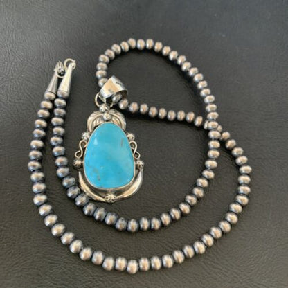 Men's Navajo Pearls Necklace with Blue Kingman Turquoise Pendant | Sterling Silver | Native American Handmade | 12599 - Masha USA