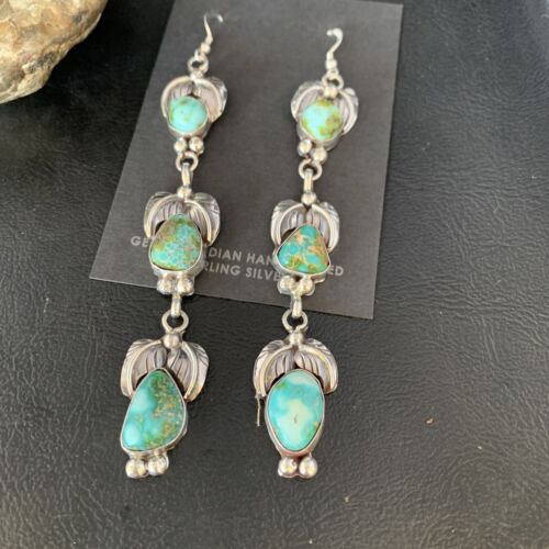 Navajo Sonoran Gold Turquoise Earrings | Sterling Silver | 3 Dangle | Authentic Native American Handmade | 13924