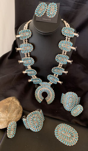 Navajo Blue Turquoise Squash Blossom Necklace | Sterling Silver | 7Pc Cluster Pendant | 12084