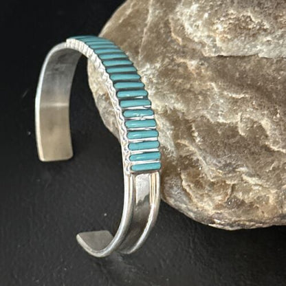 Zuni Blue Turquoise Inlay Cuff Bracelet | Sterling Silver | Authentic Native American Handmade | 14588