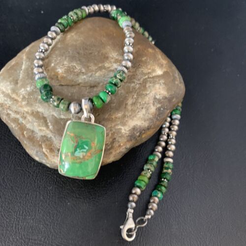 Navajo Pearls Green Mojave Turquoise Pendant Necklace | Sterling Silver | Native American Handmade | 13465