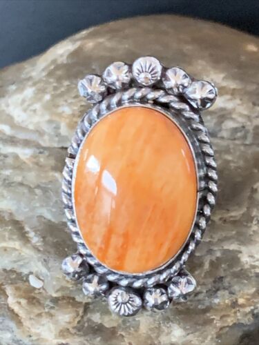 Native American Orange Spiny Oyster Navajo Ring Sterling Silver Sz 9 13281