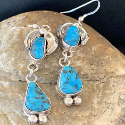 Navajo Kingman Turquoise Dangle Earrings | Sterling Silver | Authentic Native American Handmade | 01219