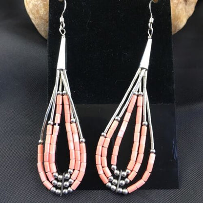 Handmade Liquid Silver Tube Bead Heishi Dangle Earrings | Pink Coral | Sterling Silver | 2.25" | 2025