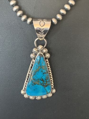 Navajo Pearls Sterling Silver Blue Spiderweb Turquoise Necklace Pendant | Men's Southwestern | 00861