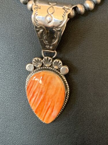 Navajo Orange Spiny Oyster Pendant Necklace | Sterling Silver | Authentic Native American Handmade | 13079
