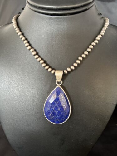 Men's Navajo Pearls Necklace with Faceted Lapis Pendant | Sterling Silver | Authentic Native American Handmade | 14468