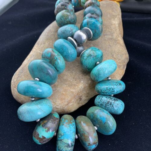 Navajo Pearl Sterling Silver Necklace | Graduated Blue Chunky Turquoise | Authentic Native American | 24" | 1743