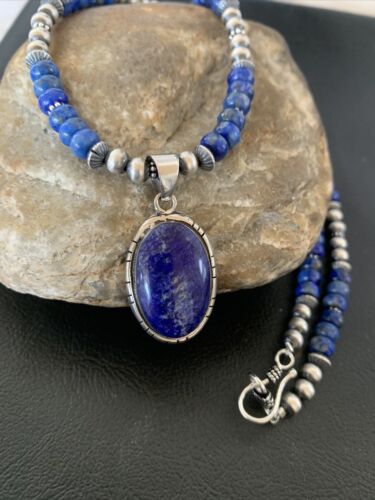 Navajo Pearls Lapis Pendant Necklace | Sterling Silver | Native American Handmade | 01775