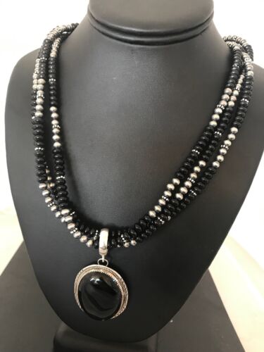 Navajo Pearls Black Onyx Pendant Necklace | Sterling Silver | 3 Strand| 23" | 8143