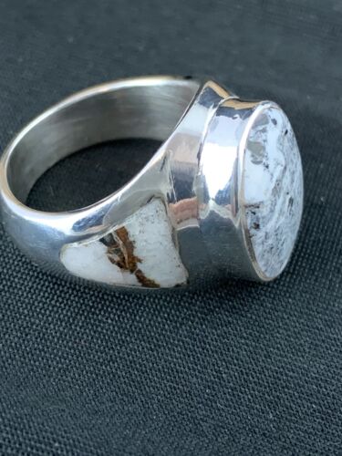 Navajo White Buffalo Turquoise Inlay Ring | Sterling Silver | Sz 8.5 | Authentic Native American Handmade | 4948