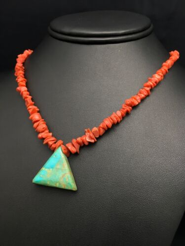 Kingman Turquoise and Coral Pendant Necklace | Sterling Silver | Old Pawn | 19" | 4008