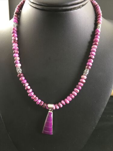 Navajo Purple Sugilite Inlay Pendant Necklace | Sterling Silver | 17" | Authentic Native American Handmade | 10008