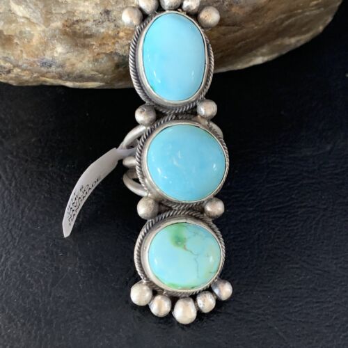 Navajo Blue Sonoran Gold Turquoise Multi-Stone Ring | Authentic Native American Sterling Silver | Sz 7 | 14064