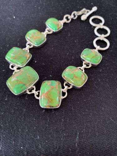Navajo Green Mojave Turquoise Link Bracelet | Sterling Silver | 8.5" | Authentic Native American Handmade | 662