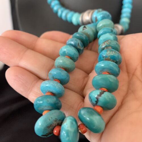 Navajo Natural Turquoise and Spiny Oyster Necklace | Sterling Silver | 25" | Authentic Native American Handmade | 13235