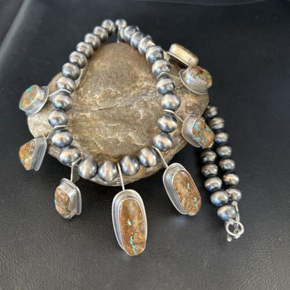 Southwestern Boulder Turquoise Necklace | 23" | Navajo Sterling Silver | Authentic Native American Handmade | 14485