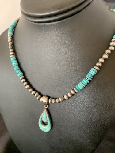 Navajo Pearl Necklace with Blue Turquoise Inlay Pendant | Sterling Silver | Authentic Native American Handmade | 12501