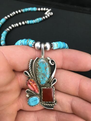 Navajo Turquoise & Spiny Oyster Pendant Necklace | Sterling Silver | 20" | Authentic Native American Handmade | 4836