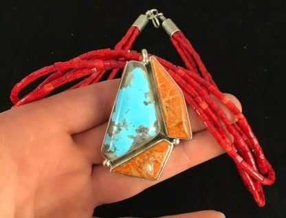 Navajo Spiny Oyster & Turquoise Pendant | Sterling Silver Coral Bead Necklace | Multi-Strand | 8477