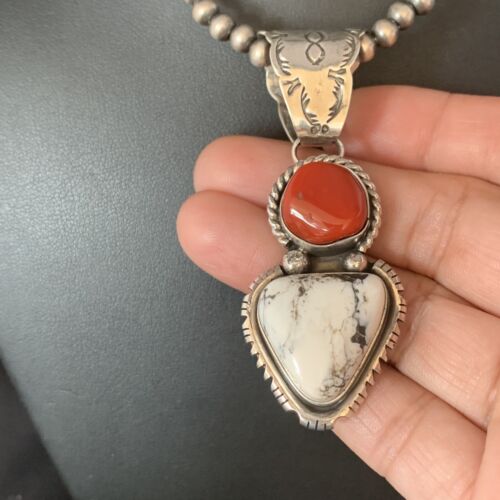 Navajo White Buffalo Turquoise Coral Pendant | Sterling Silver | Multi-Stone Necklace | 13578
