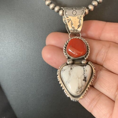 Navajo White Buffalo Turquoise Coral Pendant | Sterling Silver | Multi-Stone Necklace | 13578