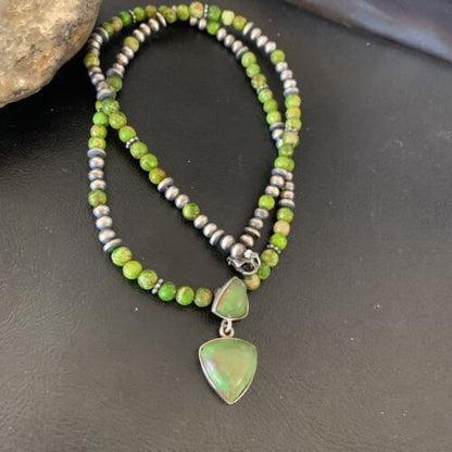 Navajo Green Gaspeite Turquoise Pendant | Sterling Silver | Authentic Native American Handmade | 12360