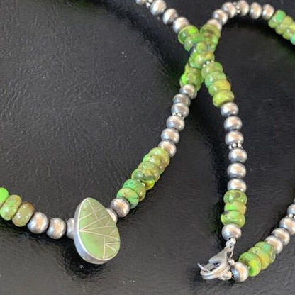 Navajo Green Gaspeite Turquoise Pendant | Sterling Silver | Authentic Native American Handmade | 13274 - Masha USA