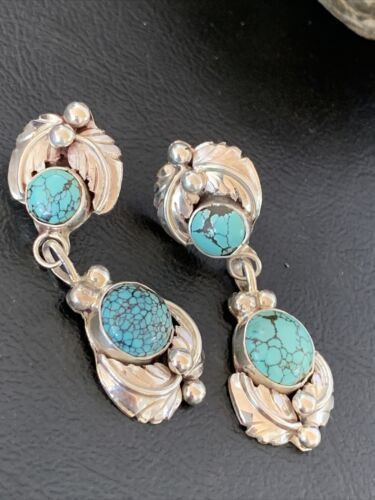 Handmade Navajo Spiderweb Turquoise Dangle Earrings | Sterling Silver Post | Authentic Native American | 1482