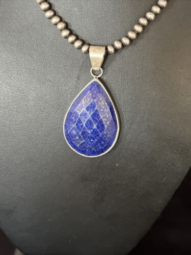 Men's Navajo Pearls Necklace with Faceted Lapis Pendant | Sterling Silver | Authentic Native American Handmade | 14468