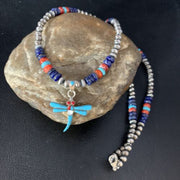 Dragonfly Sterling Silver Turquoise Coral Inlay Pendant | Multi-Color | Navajo Jewelry | 13514