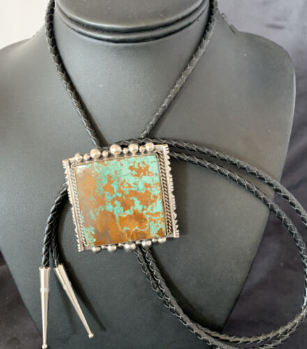 Navajo Green Royston Turquoise Bolo Tie | Sterling Silver | Authentic Native American Handmade | 12883