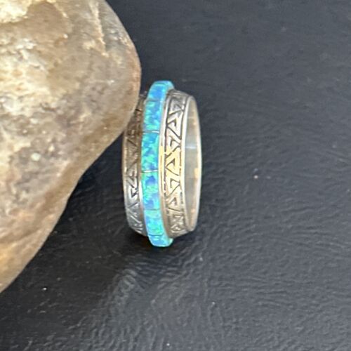 Navajo Blue Opal Inlay Eternity Band Ring | Sterling Silver | Sz 8 | Authentic Native American Handmade | 14544