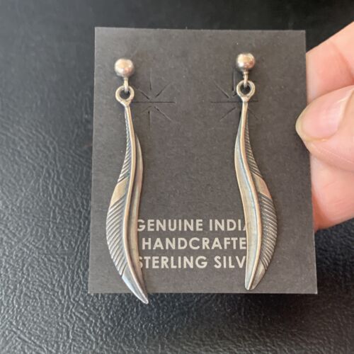 Old Pawn Southwestern Sterling Silver Dangle Feather Earrings | 1" | 12988