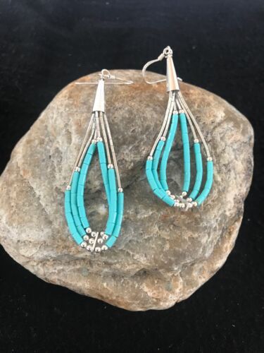 Navajo Liquid Silver Heishi Dangle Turquoise Earrings | Sterling | 2" | Southwestern