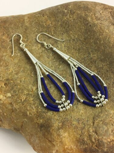 Navajo Lapis Lazuli Heishi Tube Dangle Earrings | Sterling Silver | 2" | 8876
