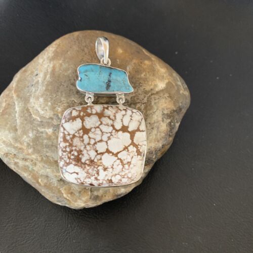 Navajo Wild Horse & Blue Kingman Turquoise Sterling Silver Pendant | Multi-Stone | 12042
