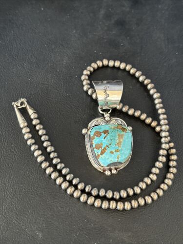 Navajo Pearls Royston Turquoise Necklace Pendant | Sterling Silver | Authentic Native American Handmade | 14802