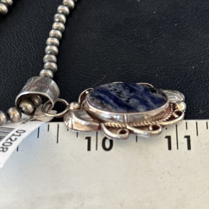 Navajo Denim Lapis Pendant Necklace | Sterling Silver Beads | Authentic Native American Handmade | 1208