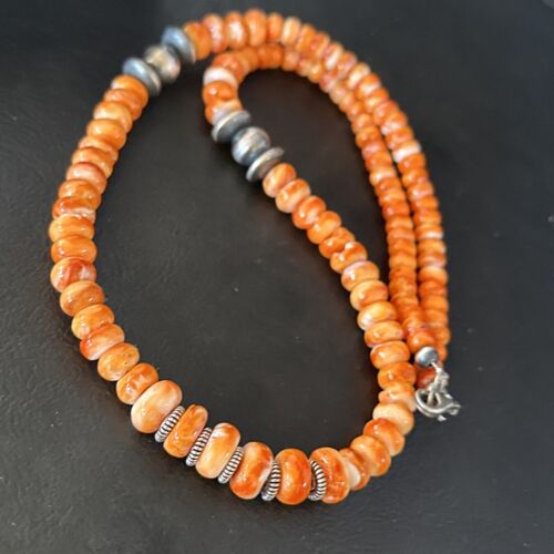 Navajo Orange Spiny Oyster Necklace | Sterling Silver Pearls | 20" | Authentic Native American Handmade | 14645