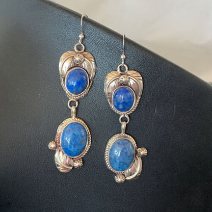 Native American Navajo Denim Lapis Dangle Earrings | Sterling Silver | 2" | 1679