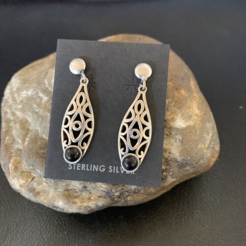 Native Navajo Post Drop Wire Black Onyx Sterling Silver Earrings 1.25" 12650