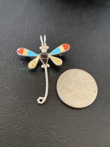 Zuni Turquoise & Yellow Mother of Pearl Inlay Dragonfly Sterling Necklace Pin Pendant | 12320