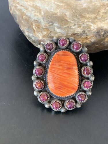 Navajo Spiny Oyster Cluster Ring | Authentic Native American Sterling Silver | Multi-Stone | Purple Orange | Sz 8 | 11513