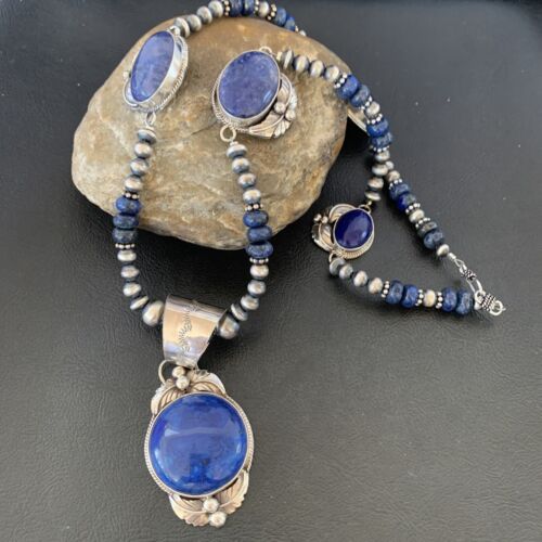 Navajo Pearl Sterling Silver Blue Lapis Necklace with 5 Pendants | Authentic Native American Handmade | 10864