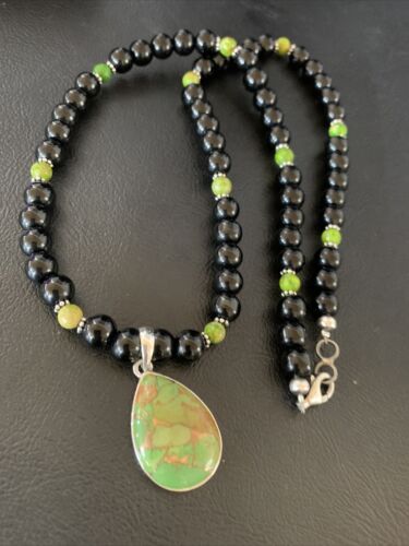 Navajo Pearls Onyx Mojave Turquoise Necklace Pendant | Sterling Silver | Authentic Native American Handmade | 13252