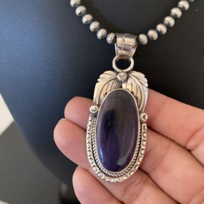 Native American Men's Navajo Pearls Necklace | Sterling Silver Sugilite Pendant | 01529