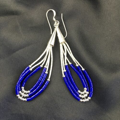 Native American Handmade Sterling Silver Heishi Dangle Earrings | Blue Lapis | 2" | 1965