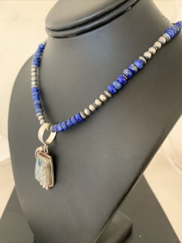 Men's  Navajo Pearls Lapis Azurite Pendant Necklace | Sterling Silver | Authentic Native American Handmade | 01928
